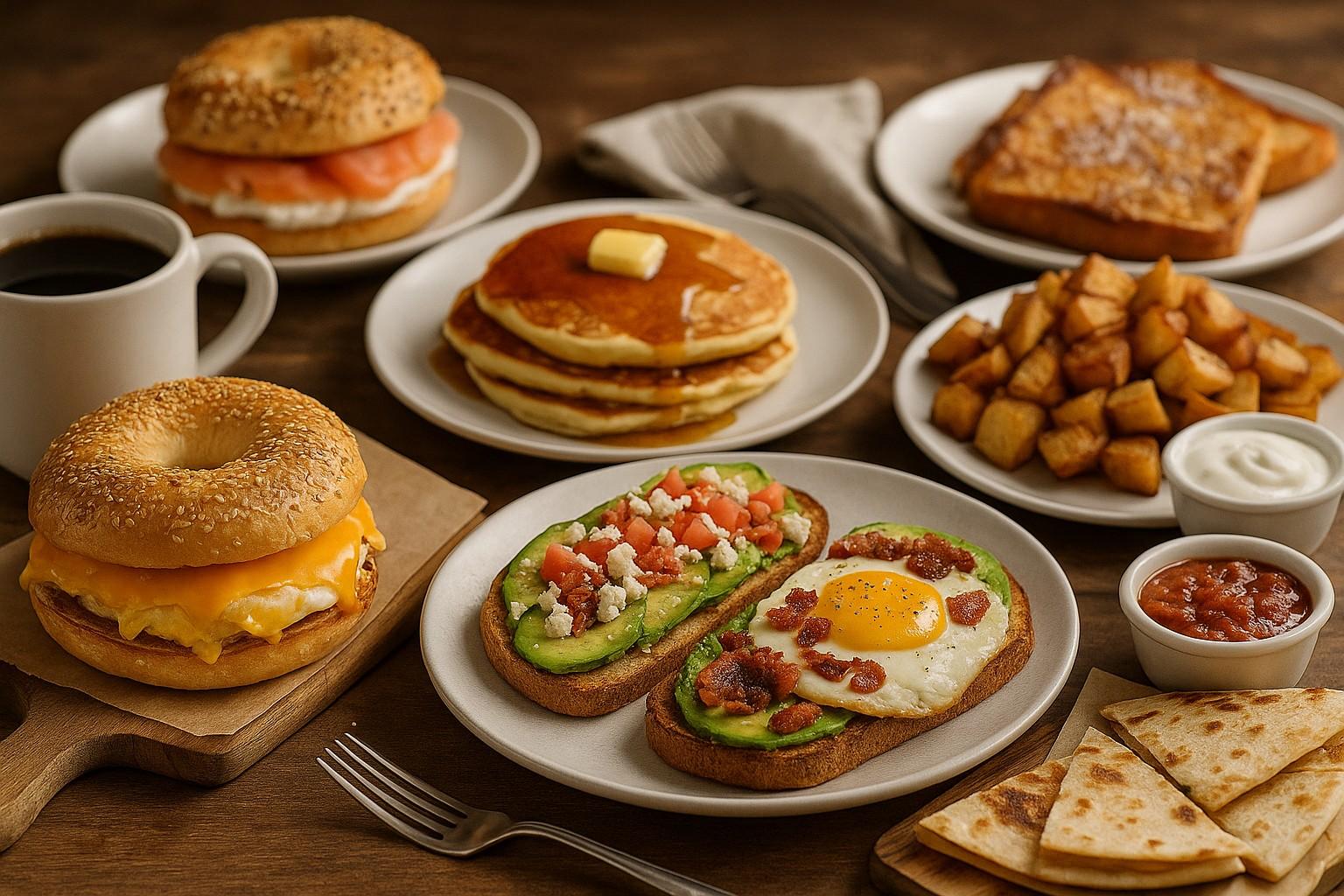 Diverse breakfast spread featuring bagels, pancakes, avocado toast, French toast, home fries, and quesadillas