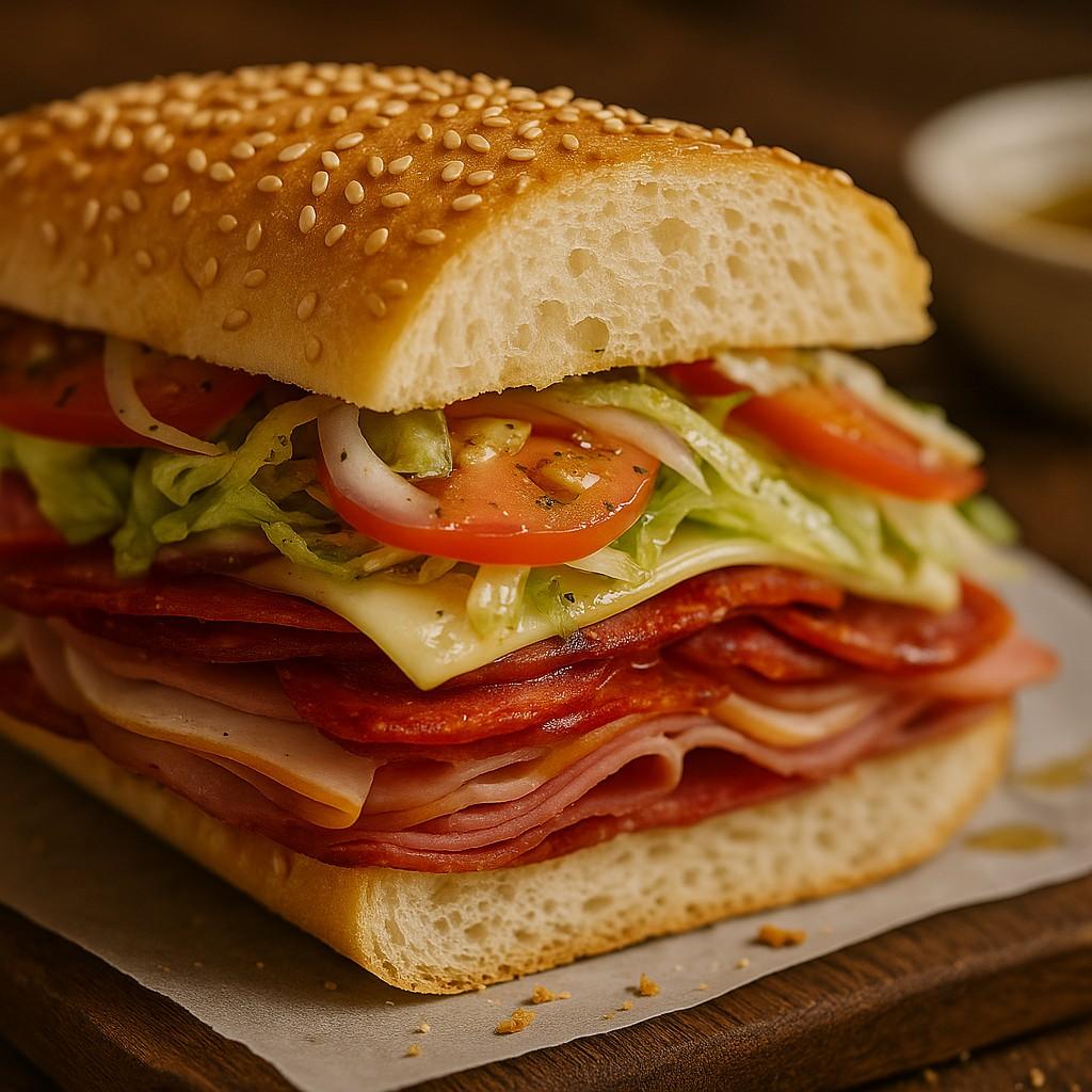 Classic deli heroes and sandwiches closeup view